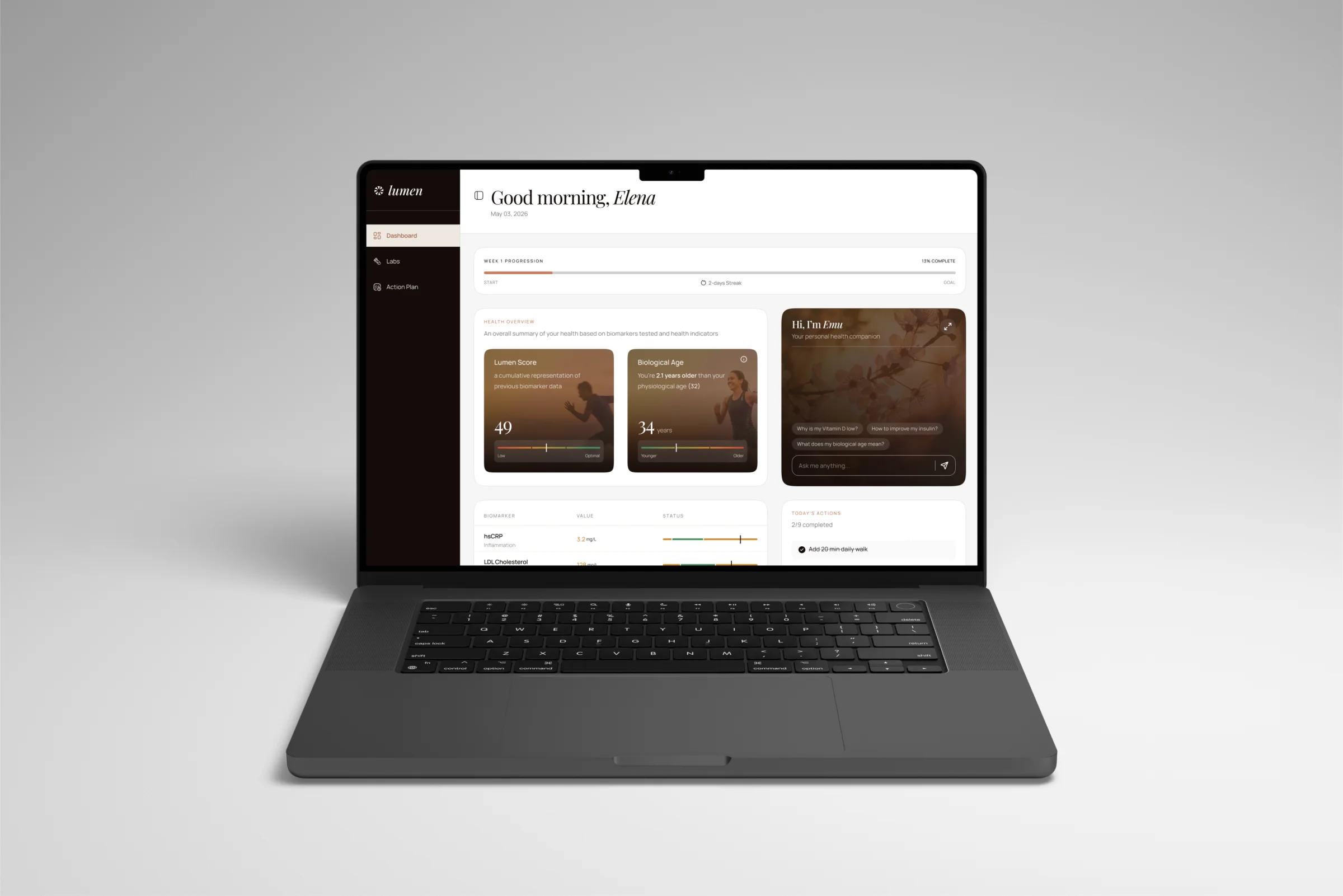 The Lumen dashboard: a single headline health number anchored by biological age, with today's actions on the home screen.