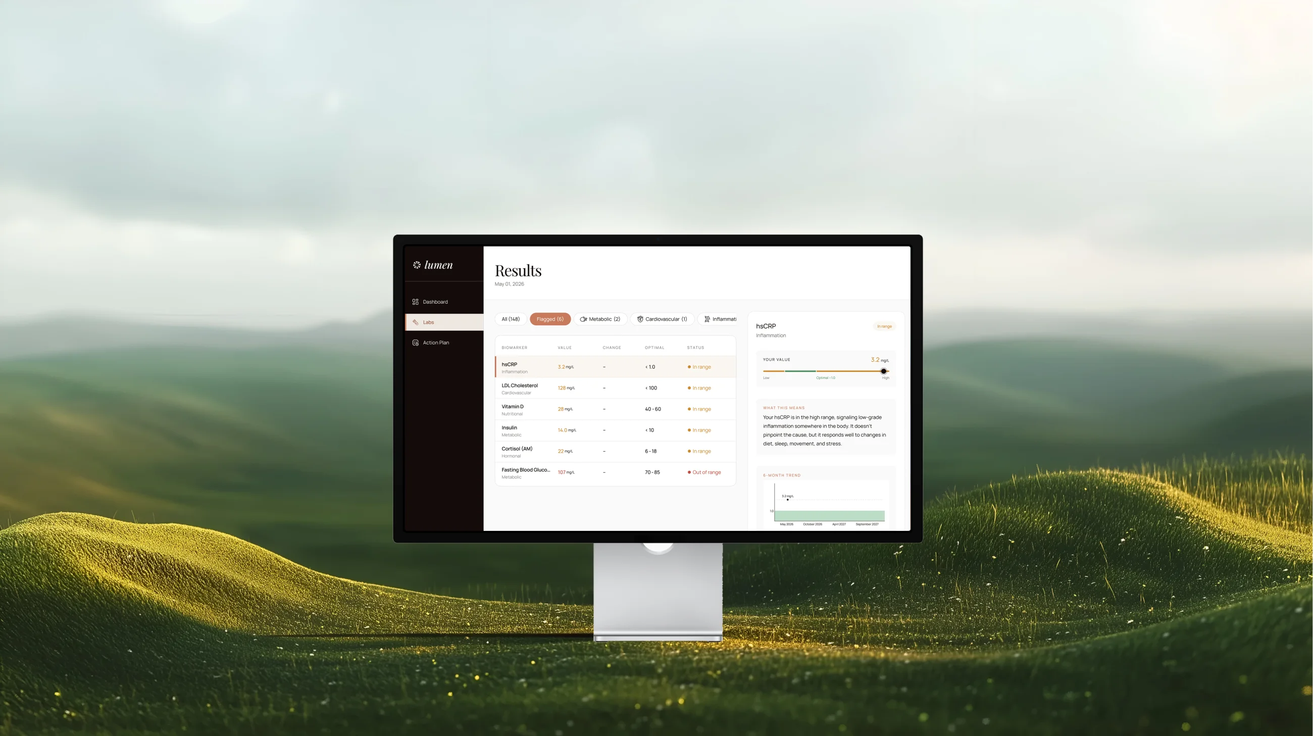 The Lumen Results screen shown on a desktop display, set against a grassy landscape